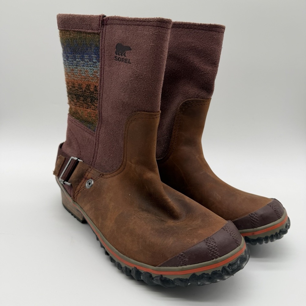 SOREL NL2105-259 Slimshortie Madder Blanket Brown Leather Nubuck Boots Sz 7